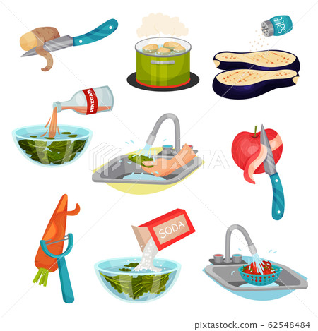 Vegetables in Cooking Process with Peeling and Cleaning Vector Set Vegetables in Cooking Process with Peeling and Cleaning Vector Set 62548484