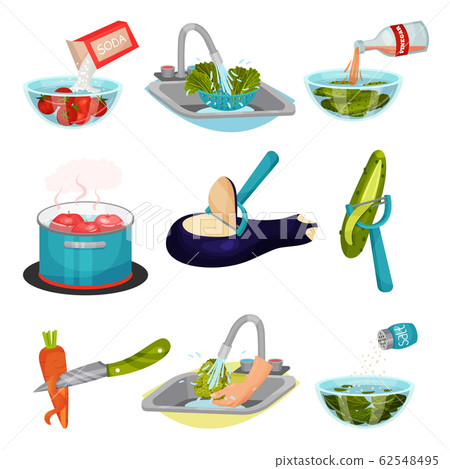 Vegetables in Cooking Process with Peeling and Cleaning Vector Set 62548495