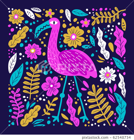 pattern with flamingo and hand drawn leaves. 62548734