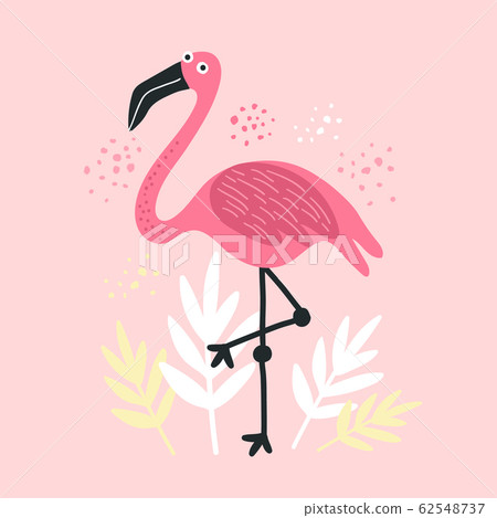 Cute cartoon with pink flamingo and leaves Cute cartoon with pink flamingo and leaves 62548737