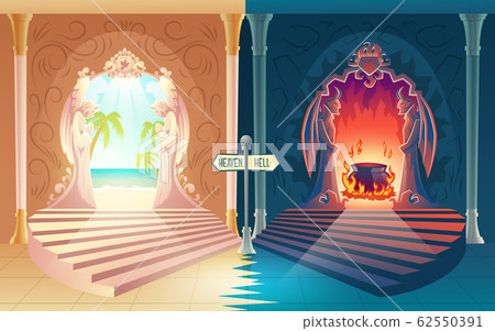 Heaven and hell entrances cartoon concept 62550391