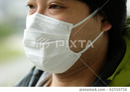 Close-up profile of a Japanese man wearing a knit hat wearing a hygiene mask to prevent infections outdoors 62550738