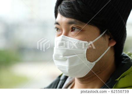 Face up side view of a Japanese man wearing a knit hat wearing a hygiene mask to prevent infections outdoors 02 62550739