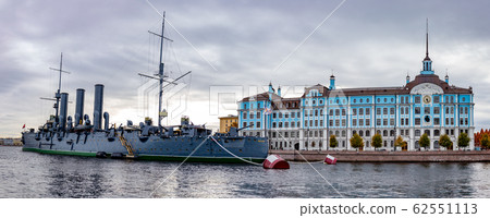 Panoramic view of Sankt St. Petersburg. Nakhimov naval school and military cruiser Aurora on Neva Panoramic view of Sankt St. Petersburg. Nakhimov naval school and military cruiser Aurora on Neva 62551113