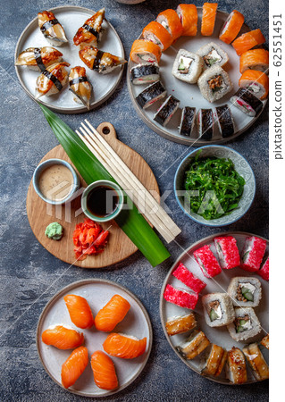 Sushi and rolls sets. Japonese food. top view Sushi and rolls sets. Japonese food. top view 62551451