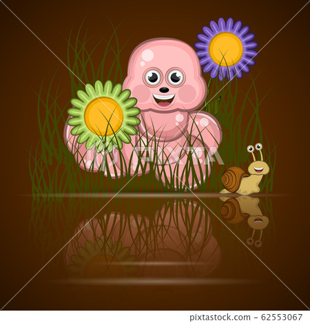 Earthworm over a puddle with flowers - Stock Illustration [62553067 ...