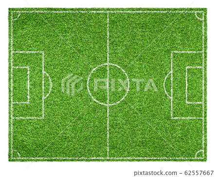 Top view of Green soccer field with white lines isolated on white background. 62557667