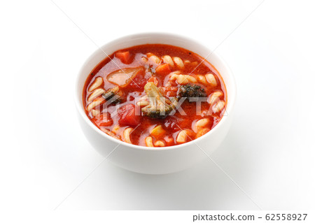 Minestrone tomato soup pasta white background 62558927