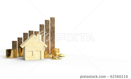 The wooden home toy and gold coins 3d rendering for business content. 62560218