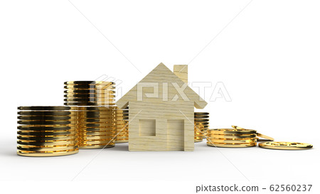 The wooden home toy and gold coins 3d rendering for business content. The wooden home toy and gold coins 3d rendering for business content. 62560237