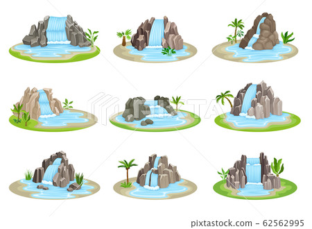 Low Tropical Waterfalls Rested on Green Rounded Island Spot Vector Set Low Tropical Waterfalls Rested on Green Rounded Island Spot Vector Set 62562995