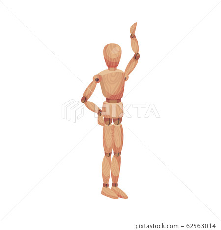 Wooden Man Standing with His Arm Raised Isolated on White Background Vector Illustration 62563014