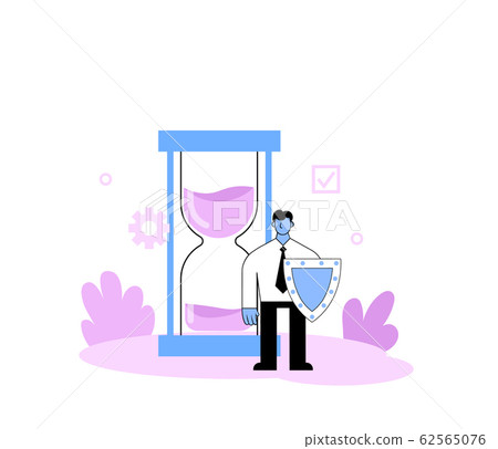 Business standing in front of the hourglass. Time management concept. Flat vector illustration. Isolated on white background. Business standing in front of the hourglass. Time management concept. Flat vector illustration. Isolated on white background. 62565076