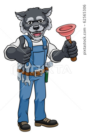 Wolf Plumber Cartoon Mascot Holding Plunger Wolf Plumber Cartoon Mascot Holding Plunger 62565306