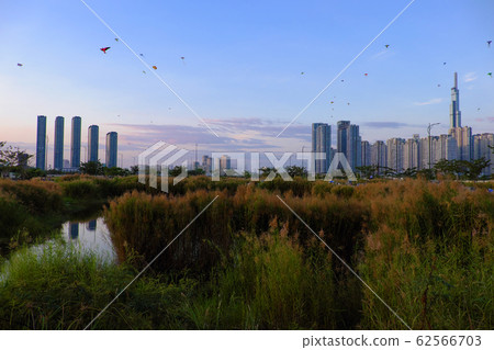 Amazing landscape of Ho Chi Minh city,  many kites flying on sunset sky, high rise building reflect on water, reeds flowers at foreground 62566703