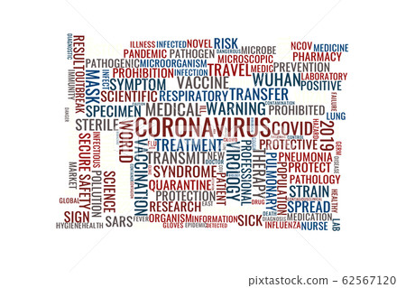 Concept in the form of a cloud of words associated with the Coronavirus Concept in the form of a cloud of words associated with the Coronavirus 62567120