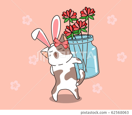 Bunny cat is holding flowers in spring day 62568063
