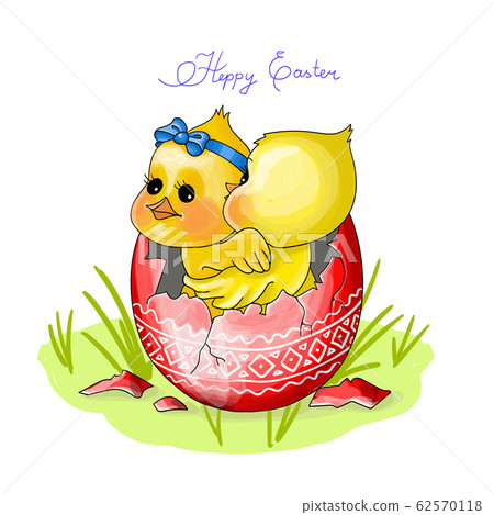vector illustration Heppy Easter two chicken sit in a red egg vector illustration Heppy Easter two chicken sit in a red egg 62570118