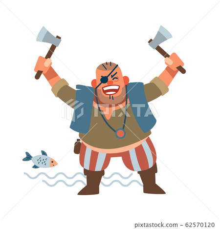 A small muscular Pirate-robber with an eye patch rejoices at the victory. Vector illustration of flat cartoon on white background. A small muscular Pirate-robber with an eye patch rejoices at the victory. Vector illustration of flat cartoon on white background. 62570120