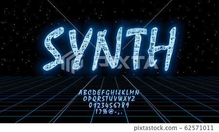 Retrofuturistic HUD blue vector font design for synthwave. English letters and numbers with hologram effect. Digital hi-tech style symbols. Typography design for headlines, labels, posters, cover. Eps 62571011