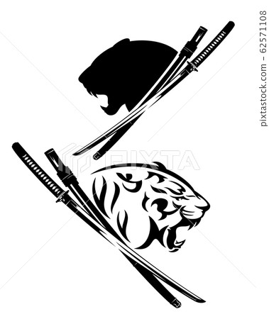 samurai katana sword and tiger spirit animal black and white vector design set 62571108