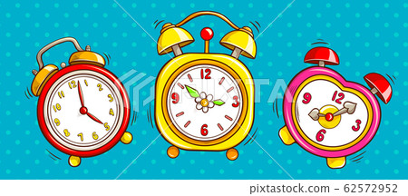 Pop art alarm clocks set on half tone background. Pop art alarm clocks set on half tone background. 62572952