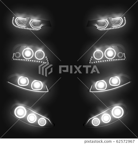 Glowing car headlights 3d realistic set Glowing car headlights 3d realistic set 62572967
