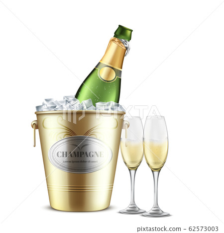 Opened champagne bottle in bucket with ice 62573003