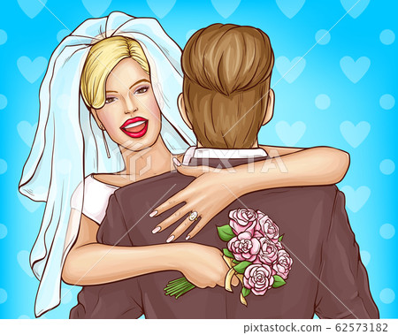 Happy newlyweds hugging cartoon concept Happy newlyweds hugging cartoon concept 62573182