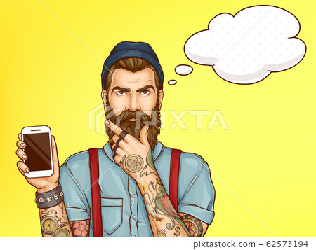 Hipster man showing mobile phone cartoon Hipster man showing mobile phone cartoon 62573194