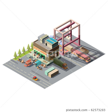 Warehouse with cargo cars 3d isometric 62573283