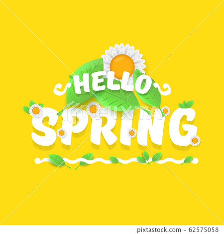 vector hello spring cut paper banner with text and flowers. hello spring slogan or label isolated on orange 62575058