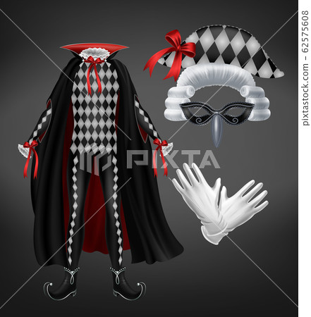 Harlequin costume with cape, starched wig and mask Harlequin costume with cape, starched wig and mask 62575608