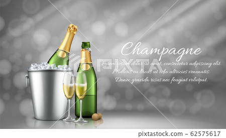 Champagne bottle in ice bucket and two full glasses Champagne bottle in ice bucket and two full glasses 62575617