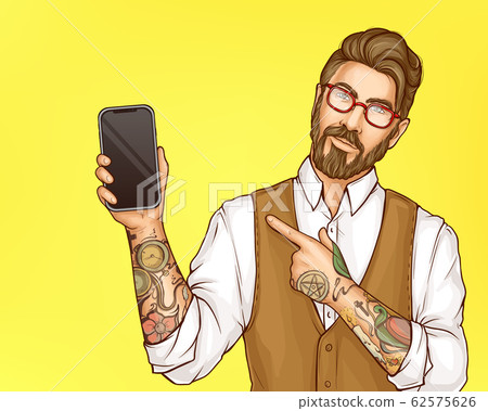 Hipster man pointing on cellphone in hand Hipster man pointing on cellphone in hand 62575626