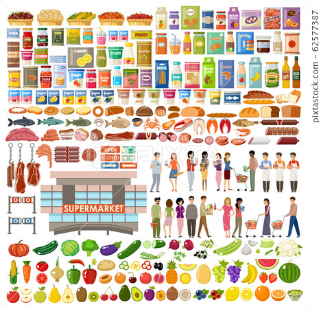 Supermarket. Big store set. Vegetables, fruits, 62577387