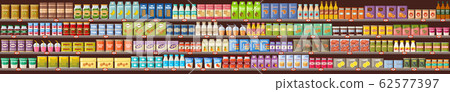 Supermarket, shelves with products and drinks. Supermarket, shelves with products and drinks. 62577397