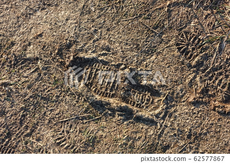 Frozen road dirt with a trace of one boot. 62577867