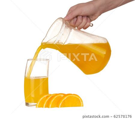 pouring Orange juice and slices of orange isolated pouring Orange juice and slices of orange isolated 62578176