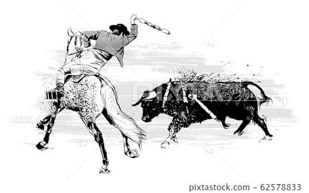 Bullfighter on horse with bull during corrida in 62578833