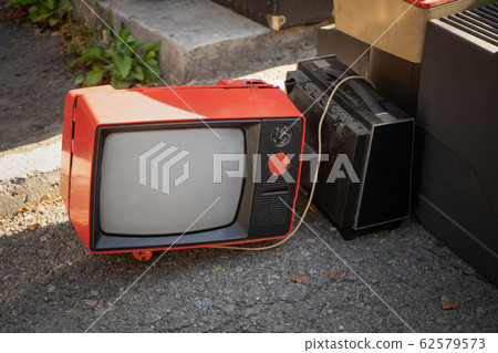 Retro old black and white TV set reciever on a street market 62579573