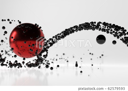Abstract stream of black glossy spherical particles reflected from a large red metal sphere. Scifi 3d illustration with copyspace Abstract stream of black glossy spherical particles reflected from a large red metal sphere. Scifi 3d illustration with copyspace 62579593