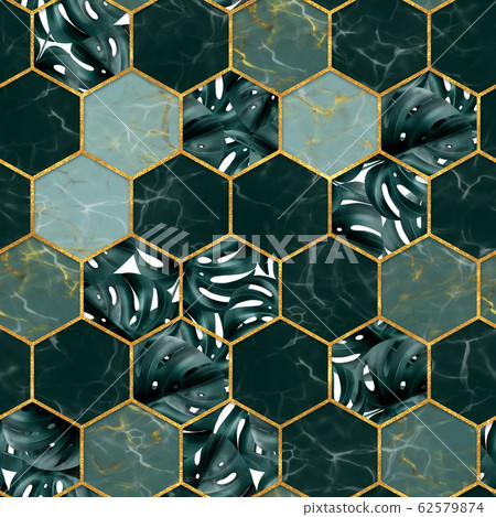 Marble hexagon seamless pattern with tropical leaves Marble hexagon seamless pattern with tropical leaves 62579874