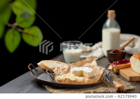 Rustic country breakfast with brie cheese, milk, Rustic country breakfast with brie cheese, milk, 62579940