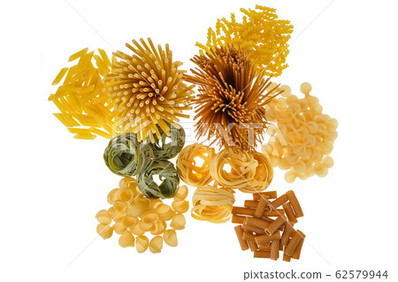 Overhead view of various kinds of pasta isolated Overhead view of various kinds of pasta isolated 62579944