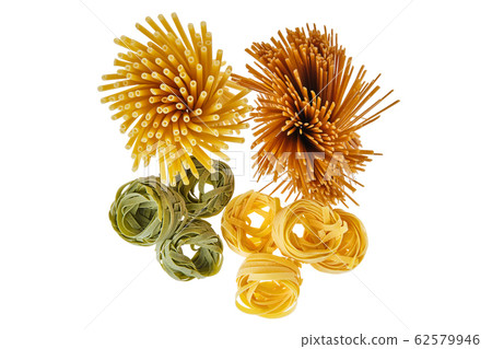 Various kinds of pasta isolated on white, top view Various kinds of pasta isolated on white, top view 62579946