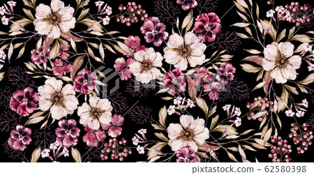 Watercolor floral vintage seamless pattern on luxury black print. hand painted watercolour floral pattern. Floral bouquet Watercolor floral vintage seamless pattern on luxury black print. hand painted watercolour floral pattern. Floral bouquet 62580398