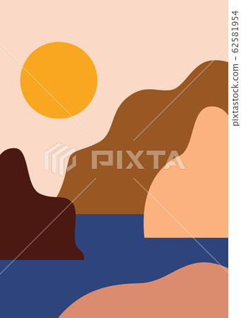 Colorful background with landscape, abstract mountains. Abstract colored backdrop with hand-drawn elements or curves. Creative vector illustration - poster design. Colorful background with landscape, abstract mountains. Abstract colored backdrop with hand-drawn elements or curves. Creative vector illustration - poster design. 62581954