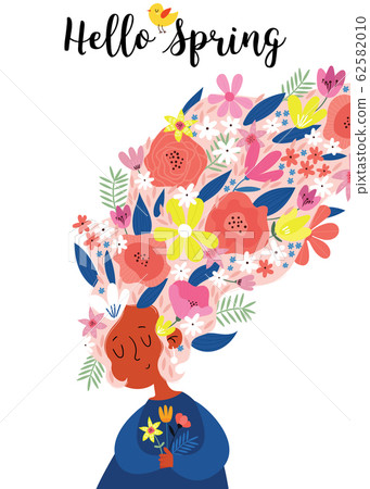 Hello spring. Greeting card with cute cartoon girl and flowers in hair. Use for spring season cards, greeting or for social media. Hello spring. Greeting card with cute cartoon girl and flowers in hair. Use for spring season cards, greeting or for social media. 62582010