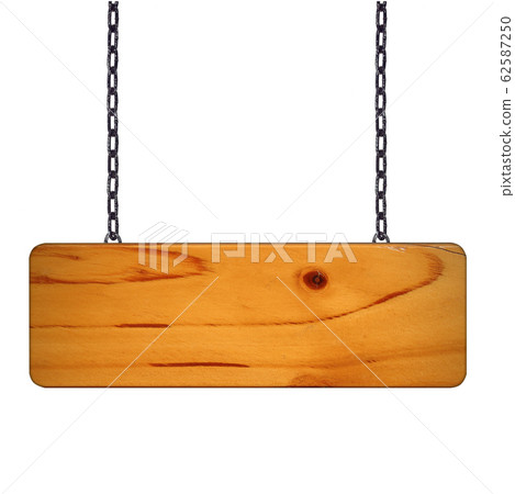 Wooden sign hanging on a chain isolated on white Wooden sign hanging on a chain isolated on white 62587250